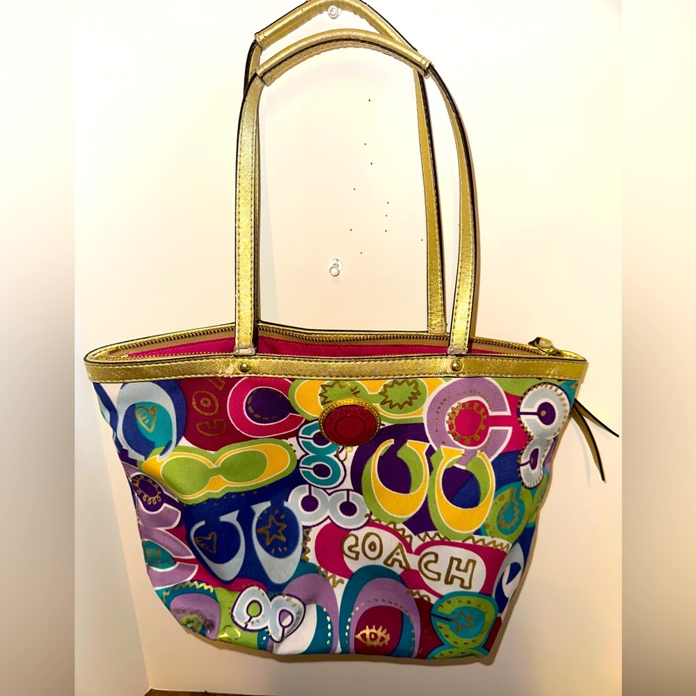 Coach Poppy Medium Gold Tote Bag with Vibrant Design
